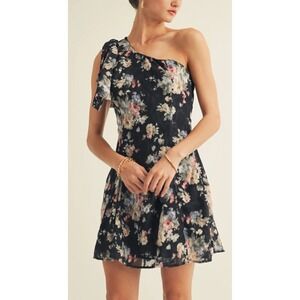 Arose Studio Black Floral Sierra One-Shoulder Mini DressBow Detail Size M FUN